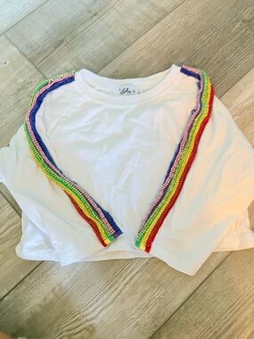 Lola + The Boys White Tee with Rainbow Beaded Trim crop top
